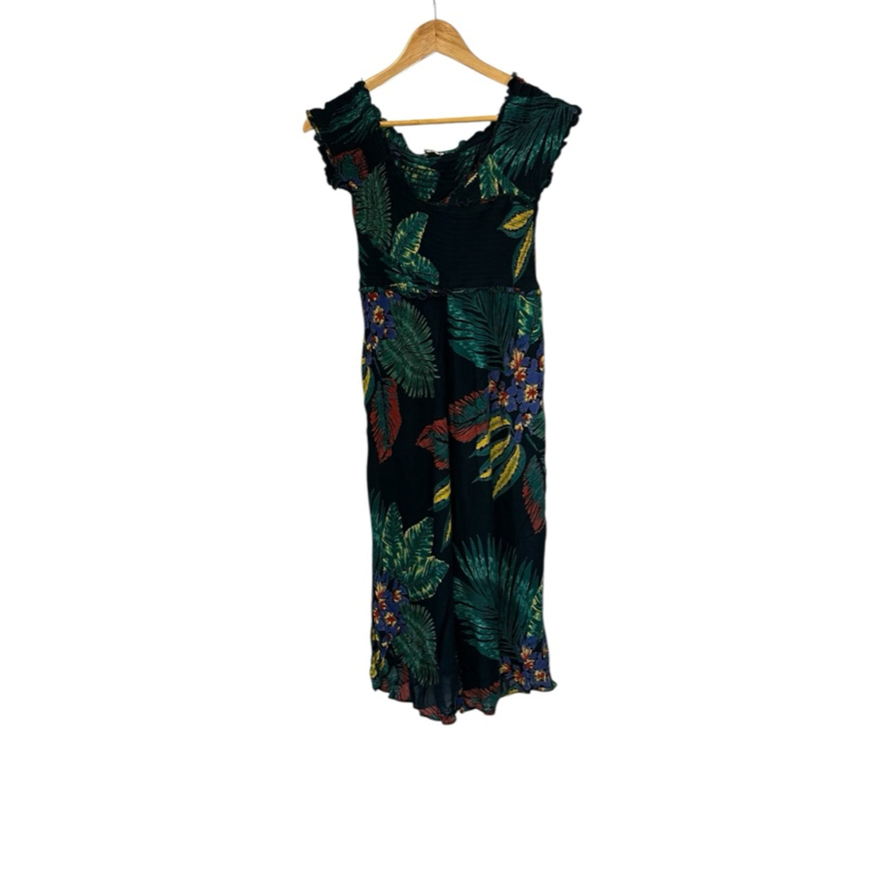 Women's Icons of Peace Black Green Floral Jumpsuit S Cap Short Sleeve